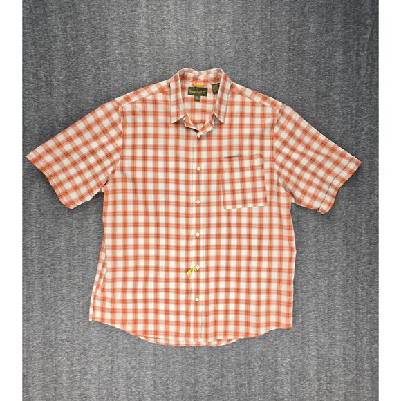 Men's Orange Plaid Lightweight Cotton Timberland Short Sleeve Button Shirt SZ XL - Picture 1 of 4